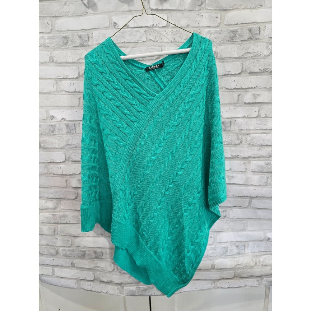 Lauren Ralph Lauren L/XL Shawl Cape Cable Knit Sweater Poncho Teal Green